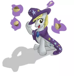 Size: 2262x2349 | Tagged: safe, artist:lurkie-oh, derpibooru import, derpy hooves, pegasus, pony, female, food, levitation, magic, mare, muffin, simple background, solo, telekinesis, trixie's cape, trixie's hat, white background