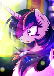 Size: 1358x1920 | Tagged: safe, artist:rariedash, derpibooru import, part of a set, twilight sparkle, twilight sparkle (alicorn), alicorn, pony, :o, bust, chest fluff, crepuscular rays, curved horn, ear fluff, female, mare, open mouth, solo, spread wings, surprised