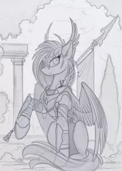 Size: 1280x1785 | Tagged: safe, artist:yakovlev-vad, derpibooru import, oc, unofficial characters only, pegasus, pony, armor, body armor, flag, monochrome, spear, weapon