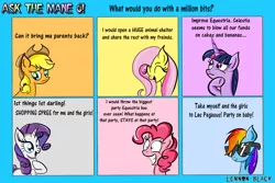 Size: 1500x1000 | Tagged: safe, artist:lennonblack, derpibooru import, applejack, fluttershy, pinkie pie, rainbow dash, rarity, twilight sparkle, twilight sparkle (alicorn), alicorn, pony, ask the mane six, ask, bananalestia, cake, cakelestia, food, implied princess celestia, mane six, sunglasses