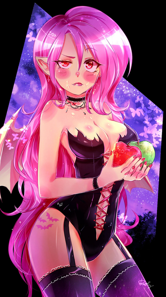 Size: 939x1680 | Tagged: suggestive, artist:odaefnyo, derpibooru import, fluttershy, bat pony, human, absolute cleavage, apple, breasts, busty fluttershy, choker, cleavage, clothes, corset, cute little fangs, elf ears, fangs, female, flutterbat, food, humanized, long hair, looking at you, raised eyebrow, socks, solo, solo female, thigh highs, winged humanization