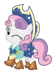 Size: 3750x5000 | Tagged: artist:ponyhd, boots, clothes, cow belle, cowboy hat, derpibooru import, hat, on your marks, safe, simple background, skirt, solo, stetson, sweetie belle, transparent background, vector, wink