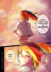 Size: 2480x3507 | Tagged: safe, artist:saclarclay, derpibooru import, rainbow dash, human, comic, eyes closed, grin, humanized, offscreen character, solo, windswept mane