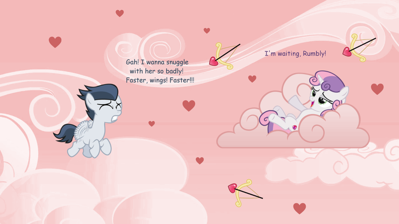 Size: 1100x619 | Tagged: artist:lunaticdawn, cloud, cutie mark, derpibooru import, dialogue, female, flying, heart, male, rumbelle, rumble, shipping, straight, suggestive, sweetie belle, the cmc's cutie marks