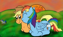 Size: 1024x600 | Tagged: safe, artist:speedpaintthegod, derpibooru import, applejack, fluttershy, rainbow dash, oc, oc:speedpaint, appledash, female, grass, lesbian, shipping, smiling, sunset