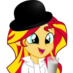 Size: 720x720 | Tagged: safe, derpibooru import, sunset shimmer, equestria girls, a clockwork orange, alex delarge, bowler hat, eyelashes, food, fridge horror, glass of milk, hat, implied drug use, milk, milk plus, moloko, moloko plus, shimmersmile, solo, the implications are horrible