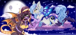 Size: 1023x465 | Tagged: suggestive, artist:silent-shadow-wolf, derpibooru import, oc, oc:midnight radiance, oc:samhain, unofficial characters only, anthro, bat pony, unguligrade anthro, arm behind back, ballgag, bat pony oc, bat wings, bedroom eyes, belly button, bondage, bra, breasts, choker, clothes, cloud, colored wings, digital art, ear fluff, ear piercing, earring, fangs, female, females only, femdom, femsub, freckles, full moon, gag, hairpin, jewelry, lesbian, looking at each other, mare, moon, multicolored hair, multicolored tail, night, night sky, oc x oc, one eye closed, open mouth, panties, piercing, shipping, signature, sky, slit eyes, socks, spread wings, starry night, starry wings, submissive, sweat, tail wrap, underhoof, underwear, wing claws, wings