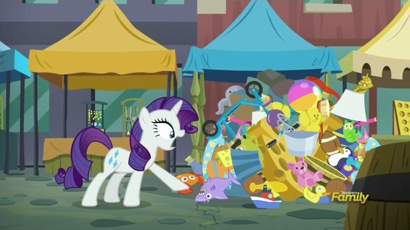 Size: 1334x750 | Tagged: safe, derpibooru import, screencap, rarity, bird, caterpillar, crab, penguin, pony, shark, squid, unicorn, the gift of the maud pie, ball, basketball, beach ball, bucket, cheese wheel, crack, discovery family logo, female, flea market, football, grappling hook, lamp, lampshade, manehattan, mare, plushie, rubber duck, scepter, scooter, solo, sports, teddy bear, toy, toy boat, twilight scepter