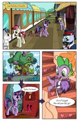 Size: 1750x2700 | Tagged: safe, artist:sirzi, artist:true line translators, derpibooru import, roseluck, spike, twilight sparkle, twilight sparkle (alicorn), alicorn, dragon, earth pony, pegasus, pony, comic:talisman for a pony, comic, crossover, duster, female, golden oaks library, jackie chan adventures, mare, ponyville train station, train, translation