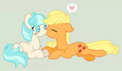 Size: 1170x682 | Tagged: applejack, artist:simplybritish, cocojack, coco pommel, cute, derpibooru import, female, heart, kissing, kiss on the cheek, lesbian, safe, shipping, speech bubble