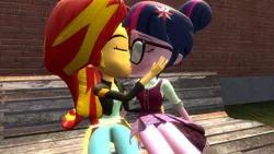 Size: 1360x768 | Tagged: safe, artist:mk513, derpibooru import, sci-twi, sunset shimmer, twilight sparkle, equestria girls, 3d, bench, boyshorts, clothes, female, gmod, kissing, lesbian, panties, purple underwear, scitwishimmer, shipping, skirt, sunsetsparkle, underwear, upskirt