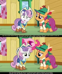 Size: 1280x1515 | Tagged: apple bloom, boots, clothes, cow belle, cowboy boots, cowboy hat, cutie mark crusaders, derpibooru import, edit, edited screencap, hat, lederhosen, new season curse, offscreen character, on your marks, pinkie pie, psyga's alternate pony scenes, rarity, safe, scootaloo, screencap, shoes, stetson, sweetie belle, text, yodeloo