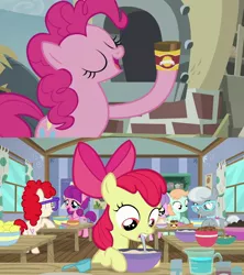 Size: 1920x2160 | Tagged: safe, derpibooru import, edit, edited screencap, screencap, apple bloom, diamond tiara, lily longsocks, peach fuzz, pinkie pie, silver spoon, twist, earth pony, pony, on your marks, the lost treasure of griffonstone, baking, baking powder, bowl, comparison, eyes closed, female, filly, foal, mare, mixing bowl