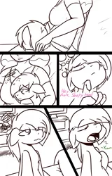 Size: 1600x2500 | Tagged: safe, artist:storyteller, derpibooru import, pinkie pie, oc, oc:anon, human, comic:dry nurse, black and white, chin scratch, comic, cute, grayscale, humanized, monochrome, neo noir, partial color, sleepy, tired, yawn