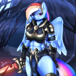 Size: 1600x1600 | Tagged: abs, anthro, armor, artist:jamesjackobgermany, belly button, derpibooru import, loincloth, midriff, muscles, rainbow dash, rainbuff dash, safe, solo, sword, unconvincing armor, weapon