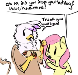 Size: 761x726 | Tagged: safe, artist:nobody, derpibooru import, fluttershy, gilda, gryphon, bait and switch, cute, food, hot dog, ketchup, meat, open mouth, ponies eating meat, sauce, sausage, simple background, smiling, speech bubble, thumbs up, white background