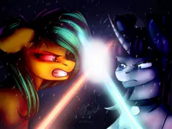 Size: 1224x918 | Tagged: safe, artist:coralinatoilly, derpibooru import, oc, unofficial characters only, fight, lightsaber, star wars, weapon