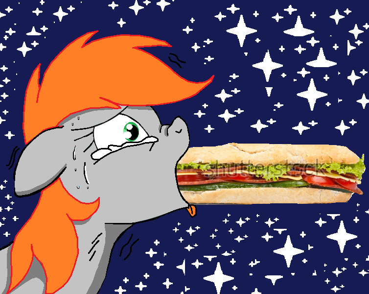 Size: 754x600 | Tagged: questionable, artist:sorcerushorserus, derpibooru import, edit, editor:pinkamenace, oc, oc:bloodshok, unofficial characters only, 1000 hours in ms paint, crying, deepthroat, food, ms paint, nom, not porn, oral, sandwich, sandwich censorship, scrunchy face, sex, shutterstock, solo, suggestive eating, throat bulge, tongue out, watermark