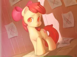 Size: 2007x1479 | Tagged: apple bloom, artist:mrs1989, clubhouse, crusaders clubhouse, cutie mark, derpibooru import, filly, on your marks, painting, safe, scene interpretation, solo, the cmc's cutie marks