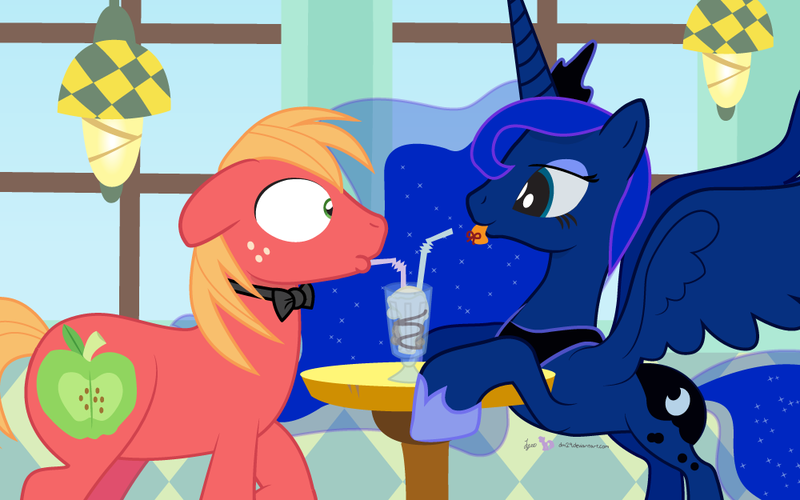 Size: 1000x625 | Tagged: safe, artist:dm29, derpibooru import, big macintosh, princess luna, earth pony, pony, bendy straw, bowtie, cherry stem, drinking, drinking straw, floppy ears, lunamac, male, milkshake, patreon, shipping, spread wings, stallion, straight, straw