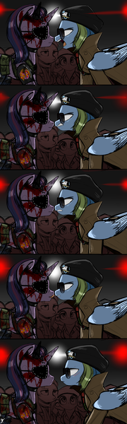 Size: 1500x5000 | Tagged: semi-grimdark, artist:supermare, derpibooru import, rainbow dash, twilight sparkle, big boss, blood, crossover, female, kazuhira miller, lesbian, licking, licking lips, metal gear, metal gear solid, metal gear solid 5, revolver ocelot, shipping, tongue out, twidash