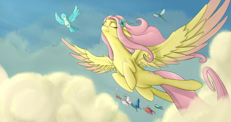 Size: 1710x900 | Tagged: artist:dryayberg, bird, butterfly, colored wings, colored wingtips, derpibooru import, dragonfly, eyes closed, flower, flower in hair, fluttershy, flying, safe, sky, solo, spread wings