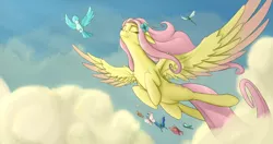 Size: 1710x900 | Tagged: artist:dryayberg, bird, butterfly, colored wings, colored wingtips, derpibooru import, dragonfly, eyes closed, flower, flower in hair, fluttershy, flying, safe, sky, solo, spread wings