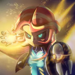 Size: 1200x1200 | Tagged: safe, artist:crunchtherobot, derpibooru import, sunset shimmer, cyborg, equestria girls, crossover, genos, one punch man, solo