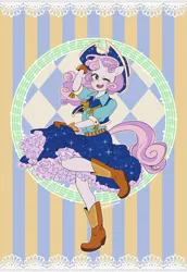 Size: 1000x1453 | Tagged: anthro, artist:buryooooo, belt, blouse, boots, clothes, cow belle, cowboy boots, cowboy hat, cowgirl, cute, dancing, derpibooru import, diasweetes, gloves, hat, music notes, open mouth, petticoat, plantigrade anthro, raised leg, safe, shirt, skirt, solo, sparkles, square dance, stetson, sweetie belle, vest, wink