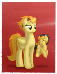 Size: 700x900 | Tagged: safe, artist:faith-wolff, derpibooru import, spitfire, oc, oc:summer skies, pegasus, pony, female, filly, headband, mare, mother and daughter, offspring, parent:oc:rusty mcshale, parent:spitfire, parents:canon x oc, pregnant, red background, simple background