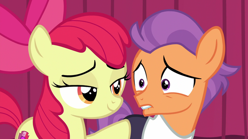 Size: 1920x1080 | Tagged: safe, derpibooru import, screencap, apple bloom, tender taps, earth pony, pony, on your marks, colt, cutie mark, female, filly, lidded eyes, lip bite, male, out of context, the cmc's cutie marks