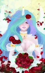 Size: 1022x1634 | Tagged: artist:antropix, bouquet, breasts, busty princess celestia, cleavage, clothes, derpibooru import, dress, female, flower, flower in hair, horned humanization, human, humanized, looking at you, princess celestia, rose, solo, solo female, suggestive, wedding dress, winged humanization