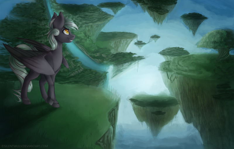 Size: 1780x1140 | Tagged: safe, artist:silentwulv, derpibooru import, oc, unofficial characters only, pegasus, pony, floating island, grass, scenery, sky, solo, tree, waterfall