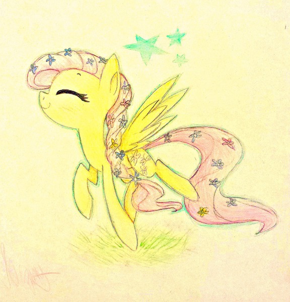 Size: 2032x2117 | Tagged: artist:siggie740, braid, derpibooru import, enjoying, eyes closed, flower, flower in hair, fluttershy, safe, solo, spread wings, traditional art, trotting