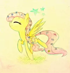 Size: 2032x2117 | Tagged: artist:siggie740, braid, derpibooru import, enjoying, eyes closed, flower, flower in hair, fluttershy, safe, solo, spread wings, traditional art, trotting