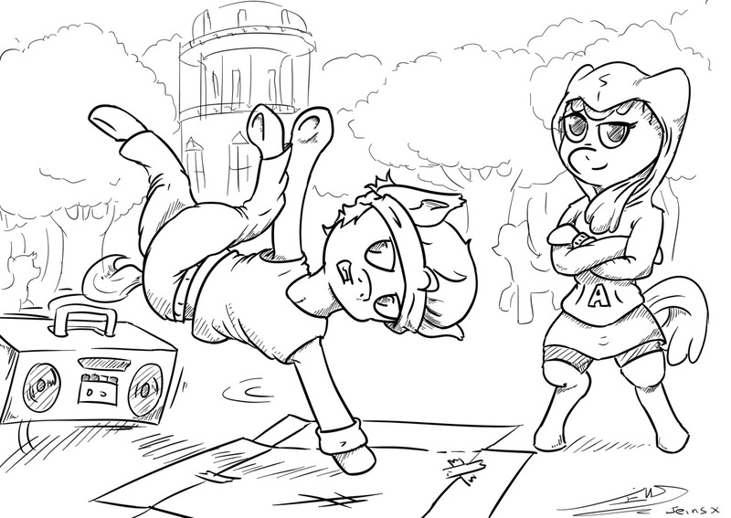 Size: 1280x907 | Tagged: apple bloom, artist:jeinsx, boombox, breakdancing, clothes, dancing, derpibooru import, monochrome, safe, tender taps