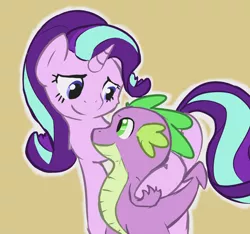 Size: 1000x937 | Tagged: safe, artist:brownie-bytes, derpibooru import, edit, spike, starlight glimmer, dragon, pony, unicorn, cropped, cute, duo, female, hug, looking at each other, male, mare, shipping, sparlight, spikelove, straight