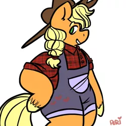 Size: 1280x1280 | Tagged: safe, artist:pericycles-art, derpibooru import, applejack, anthro, unguligrade anthro, clothes, cute, hooves, overalls, shirt, solo, unshorn fetlocks