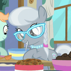 Size: 407x407 | Tagged: animated, bowl, cute, derpibooru import, food, glasses, loop, mixing bowl, mouth hold, on your marks, peach fuzz, safe, screencap, silverbetes, silver spoon, solo focus, spoon, stirring