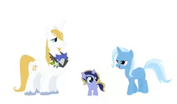 Size: 1300x762 | Tagged: safe, artist:maddi-sans, artist:mermandoandmabelfan, derpibooru import, prince blueblood, trixie, oc, oc:twila, pony, unicorn, bluetrix, family, female, male, mare, offspring, parent:prince blueblood, parent:trixie, parents:bluetrix, shipping, simple background, straight, white background