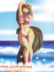 Size: 1280x1685 | Tagged: suggestive, artist:dekomaru, derpibooru import, oc, oc:sahhara, unofficial characters only, anthro, unicorn, anthro oc, armpits, big breasts, bikini, breasts, clothes, curvy, ear piercing, female, piercing, solo, solo female, swimsuit