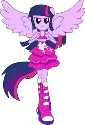 Size: 1455x2133 | Tagged: safe, artist:kimberlythehedgie, derpibooru import, twilight sparkle, twilight sparkle (alicorn), equestria girls, bare shoulders, boots, clothes, dress, fall formal outfits, fist, high heel boots, looking at you, ponied up, ponytail, simple background, sleeveless, solo, strapless, transparent background, twilight ball dress, vector, wings