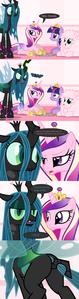 Size: 650x2437 | Tagged: questionable, artist:mixermike622, derpibooru import, edit, princess cadance, queen chrysalis, twilight sparkle, twilight sparkle (alicorn), oc, oc:fluffle puff, alicorn, pony, tumblr:ask fluffle puff, abuse, anal insertion, broken horn, chrysabuse, comic, fail, female, hissing, horn dildo, insertion, jealous, mare, ouch, rekt, savage, threat, vulgar