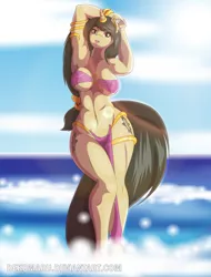 Size: 1556x2048 | Tagged: suggestive, artist:dekomaru, derpibooru import, oc, oc:sahhara, unofficial characters only, anthro, unicorn, anthro oc, armpits, big breasts, bikini, breasts, clothes, curvy, ear piercing, female, piercing, solo, solo female, swimsuit