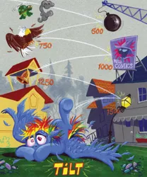 Size: 1358x1629 | Tagged: safe, artist:andypriceart, derpibooru import, idw, mare do well, rainbow dash, tank, bald eagle, bird, eagle, pegasus, pony, tortoise, spoiler:comic, spoiler:comic41, dreary, feather, female, lamppost, mare, pinball, rainbow crash, raised leg, swirly eyes