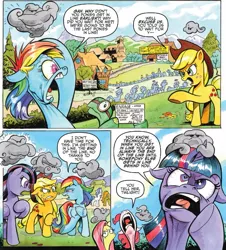 Size: 1305x1443 | Tagged: safe, artist:andypriceart, derpibooru import, idw, applejack, fluttershy, pinkie pie, rainbow dash, rarity, tank, twilight sparkle, twilight sparkle (alicorn), alicorn, earth pony, pegasus, pony, tortoise, spoiler:comic, spoiler:comic41, comic, dreary, female, floppy ears, mare, queue, raised hoof, speech bubble