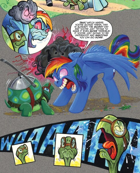 Size: 1363x1682 | Tagged: safe, artist:andypriceart, derpibooru import, idw, rainbow dash, tank, zecora, pegasus, pony, tortoise, zebra, spoiler:comic, spoiler:comic41, comic, crying, do i look angry, dreary, faic, female, goggles, mare, nightmare face, nightmare fuel, rage, rainbow douche, speech bubble, tongue out