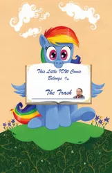 Size: 1400x2154 | Tagged: safe, derpibooru import, edit, idw, penn jillette, rainbow dash, spoiler:comic, spoiler:comic41, book belongs to, c:, cute, dashabetes, into the trash it goes, looking at you, meme, mouth hold, mouthpiece, nom, smiling, spread wings, underhoof