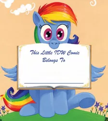 Size: 1207x1349 | Tagged: safe, artist:andypriceart, derpibooru import, idw, rainbow dash, spoiler:comic, spoiler:comic41, bibliovore, book, book belongs to, c:, cute, dashabetes, looking at you, mouth hold, nom, raised leg, sitting, smiling, solo, spread wings, underhoof