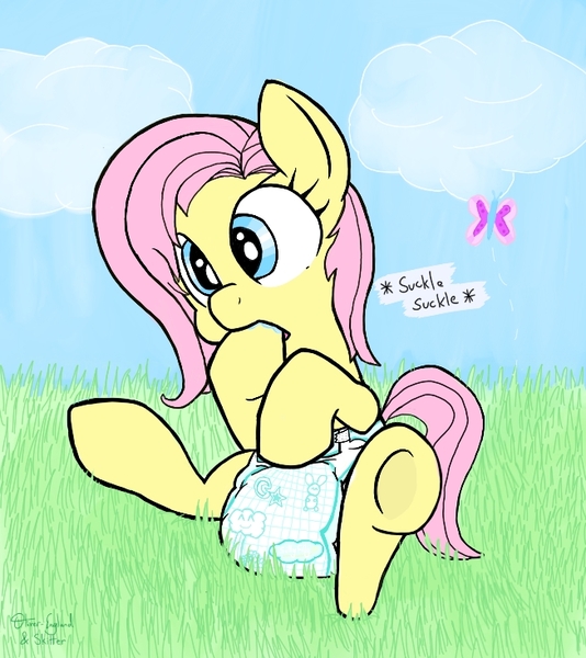 Size: 653x734 | Tagged: adult foal, artist:oliver-england, artist:skitter, brainwashed, derpibooru import, diaper, diaper fetish, drool, fluttershy, hoof sucking, mental regression, plagiarism, poofy diaper, questionable, trace